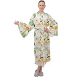 Flowers on a white background pattern                                                                 Maxi Tie Front Velour Kimono