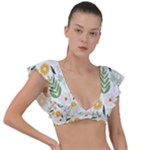 Flowers on a white background pattern                                                                    Plunge Frill Sleeve Bikini Top