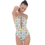 Flowers on a white background pattern                                                                    Plunge Cut Halter Swimsuit