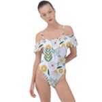 Flowers on a white background pattern                                                                   Frill Detail One Piece Swimsuit