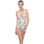 Flowers on a white background pattern                                                                    Halter Front Plunge Swimsuit