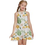 Flowers on a white background pattern                                                          Kids  Halter Collar Waist Tie Chiffon Dress