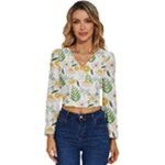 Flowers on a white background pattern                                                         Long Sleeve V-Neck Top