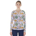 Flowers on a white background pattern                                                          V-Neck Long Sleeve Top