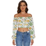 Flowers on a white background pattern                                                           Long Sleeve Crinkled Weave Crop Top