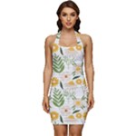 Flowers on a white background pattern                                                         Sleeveless Wide Square Neckline Ruched Bodycon Dress