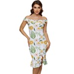 Flowers on a white background pattern                                                          Ruffle Split Hem Bodycon Dress