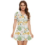 Flowers on a white background pattern                                                           V-Neck High Waist Chiffon Mini Dress