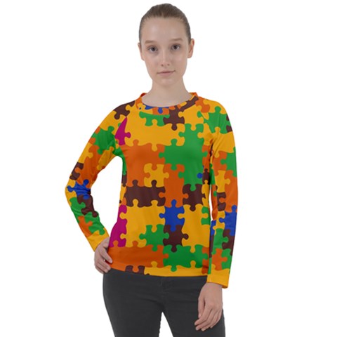 Retro colors puzzle pieces              Women s Long Sleeve Raglan Tee from ArtsNow.com