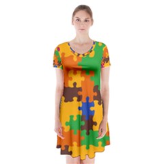 Retro colors puzzle pieces                                                                            Short Sleeve V