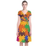 Retro colors puzzle pieces                                                                        Short Sleeve Front Wrap Dress