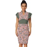 Flower peach blossom Vintage Frill Sleeve V-Neck Bodycon Dress