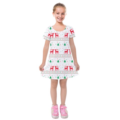 Red Green And Blue Christmas Themed Illustration Kids  Short Sleeve Velvet Dress from ArtsNow.com