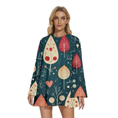 Round Neck Long Sleeve Bohemian Style Chiffon Mini Dress 