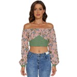 Flower peach blossom Long Sleeve Crinkled Weave Crop Top