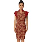 Vintage Dragon Chinese Red Amber Vintage Frill Sleeve V-Neck Bodycon Dress