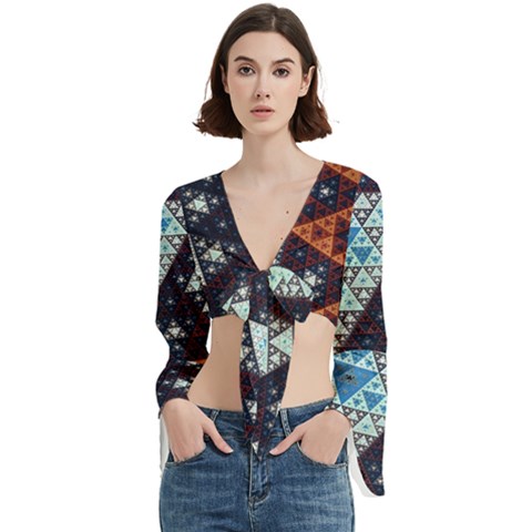 Fractal Triangle Geometric Abstract Pattern Trumpet Sleeve Cropped Top from ArtsNow.com