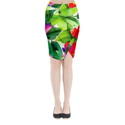 Watercolor Flowers Leaves Foliage Nature Floral Spring Midi Wrap Pencil Skirt from ArtsNow.com