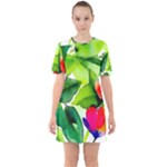 Watercolor Flowers Leaves Foliage Nature Floral Spring Sixties Short Sleeve Mini Dress