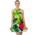 Watercolor Flowers Leaves Foliage Nature Floral Spring Halter Tie Back Chiffon Dress