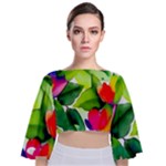 Watercolor Flowers Leaves Foliage Nature Floral Spring Tie Back Butterfly Sleeve Chiffon Top