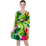 Watercolor Flowers Leaves Foliage Nature Floral Spring Quarter Sleeve Ruffle Waist Dress