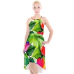 Watercolor Flowers Leaves Foliage Nature Floral Spring High-Low Halter Chiffon Dress 