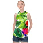 Watercolor Flowers Leaves Foliage Nature Floral Spring High Neck Satin Top