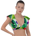 Watercolor Flowers Leaves Foliage Nature Floral Spring Plunge Frill Sleeve Bikini Top