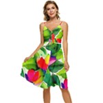 Watercolor Flowers Leaves Foliage Nature Floral Spring Sleeveless Tie Front Chiffon Dress