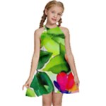 Watercolor Flowers Leaves Foliage Nature Floral Spring Kids  Halter Collar Waist Tie Chiffon Dress