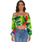 Watercolor Flowers Leaves Foliage Nature Floral Spring Long Sleeve Crinkled Weave Crop Top