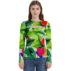 Watercolor Flowers Leaves Foliage Nature Floral Spring Women s Cut Out Long Sleeve T