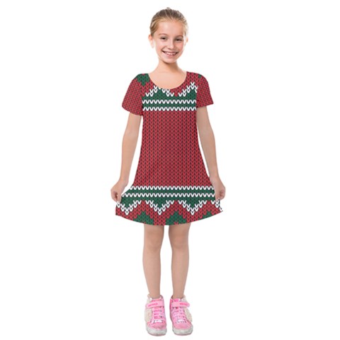 Christmas Pattern, Fabric Texture, Knitted Red Background Kids  Short Sleeve Velvet Dress from ArtsNow.com