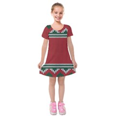 Christmas Pattern, Fabric Texture, Knitted Red Background Kids  Short Sleeve Velvet Dress from ArtsNow.com