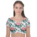 Flowers Hydrangeas Velvet Short Sleeve Crop Top 