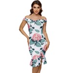 Flowers Hydrangeas Off Shoulder Ruffle Split Hem Bodycon Dress