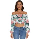 Flowers Hydrangeas Long Sleeve Crinkled Weave Crop Top