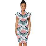 Flowers Hydrangeas Vintage Frill Sleeve V-Neck Bodycon Dress