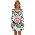 Flowers Hydrangeas Long Sleeve Wide Neck Velvet Dress