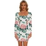 Flowers Hydrangeas Long Sleeve Square Neck Bodycon Velvet Dress