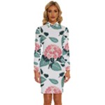 Flowers Hydrangeas Long Sleeve Shirt Collar Bodycon Dress