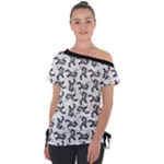 Erotic Pants Motif Black And White Graphic Pattern Black Backgrond Off Shoulder Tie-Up T-Shirt