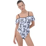 Erotic Pants Motif Black And White Graphic Pattern Black Backgrond Frill Detail One Piece Swimsuit