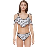 Erotic Pants Motif Black And White Graphic Pattern Black Backgrond Ruffle Edge Tie Up Bikini Set	