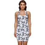 Erotic Pants Motif Black And White Graphic Pattern Black Backgrond Sleeveless Wide Square Neckline Ruched Bodycon Dress