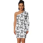 Erotic Pants Motif Black And White Graphic Pattern Black Backgrond Long Sleeve One Shoulder Mini Dress