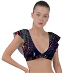 Abstract Geometric Pattern Plunge Frill Sleeve Bikini Top