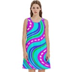 Swirls Pattern Design Bright Aqua Round Neck Sleeve Casual Dress With Pockets