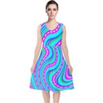 Swirls Pattern Design Bright Aqua V-Neck Midi Sleeveless Dress 